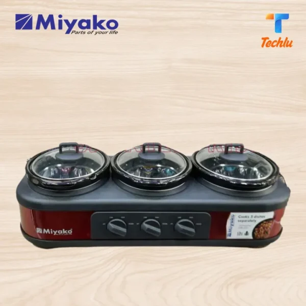 Product details of Miyako Electric Slow Cooker & Buffet Server /Food Warmer Triple Dish with Glass Lid 2.5*3 Total 7.5 Liter Brand: Miyako Product: Slow Cooker Triple Pot: 3*2.5 Quart Pots Total 7.5 Liter Tempered Glass Lid 3 Induvidual Control Recessed Side Handles Temperature Control 3Lid Rests 3 Spoon Resets 300 Watt 220-240 Volt 5 years warranty