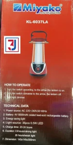Miyako Rechargeable Lantern/ Rechargeable LED Light USB System 2.5 To 25 Hours LightingKL-6037LA Model : 6037LA Super brightness white colour LED AC/DC power option Light Source : 36 pcs 0.5 w LED Light Energy saving Duration: Strong Light 2.5 hours and weak Light 25 hours Charge Time:20-24 hours Mobile Charger/USB system