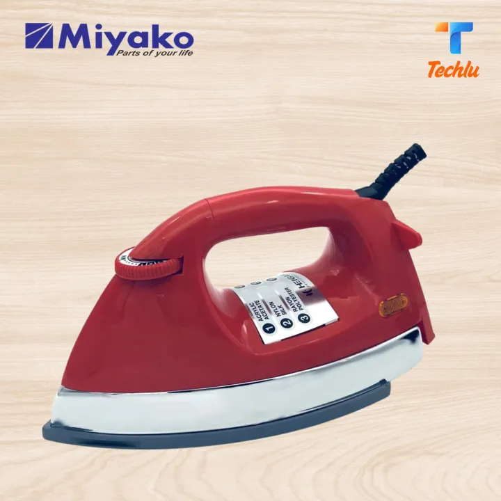  Miyako heavy weight Automatic electric dry iron EI-145 Model : EI-145 Non-stick ceramic coating plate Two pin plug Easy temperature settings Adjustable swivel cord Automatic dry iron Iron type-all fabric Safety cut off/ adjustable controller Indicator light Iron weight : 1.7KG watt : 1000 // 220-240v // 50~60Hz