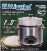 Miyako 3 in 1 Rice Cooke Double Pot r 1.8 LTR ASL-1180 HC Model : ASL-1180 HC 1.8 LTR Cooking Capacity 50 Watt Keep Warm Non-Stick Coating Aluminium Cooking 2 Pot Inner pot non stick coating inside two layers with Food Grade Automatic Cooking One Touch Button For Easy Control Automatic Keep Warm Function Over-Heat Protector And Energy Saving Power: 800 Watt / 220-240