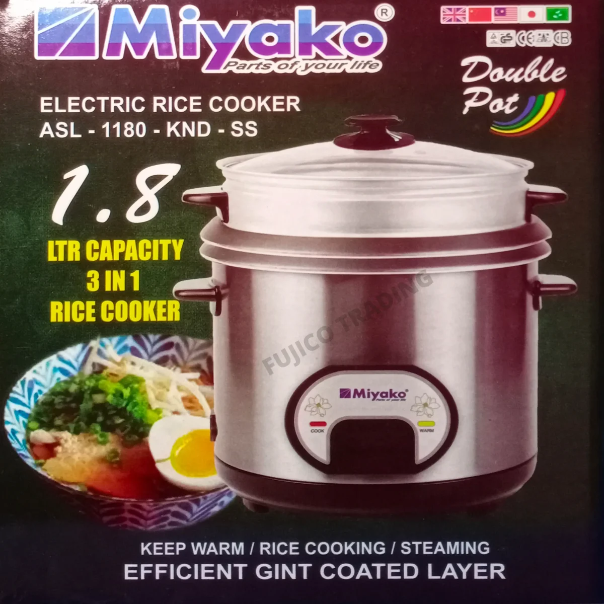 Miyako Double Pot 3 In 1 Non Stick Rice Cooker ASL-1280 SSNS 1.8 Liter