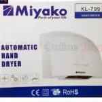 Product details of Miyako Automatic Electric Hand Dryer Machine/ Miyako Hand Dryer KL-799 Brand : Miyako Hand Dryer. Automatic Sensor ON-OFF. Sensor Range: 50-150 MM Wind Speed: >10M/S Air Temperature: >54C Net Weight: 2.4 Kg Dimension: W280 x D240 x H220 Water Proof Protect: IPx1 Electric Shock Protect: Class II 1800W, 220-230V, 50Hz.
